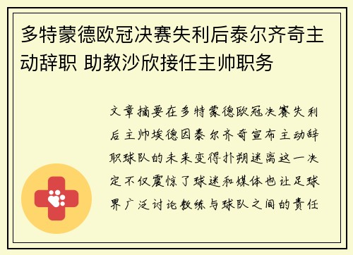 多特蒙德欧冠决赛失利后泰尔齐奇主动辞职 助教沙欣接任主帅职务